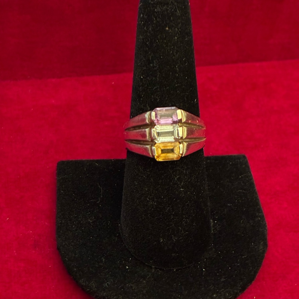 Vintage Multi-Gemstone Sterling Silver Triple Stack Ring size 8
